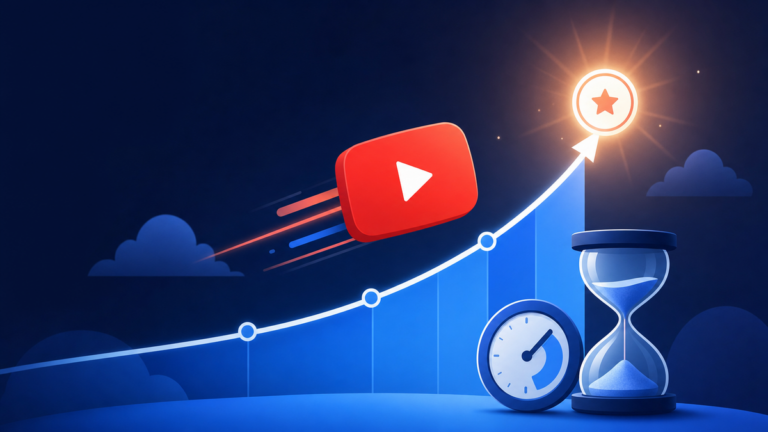 Illustration: a YouTube play button climbing a growth chart toward a milestone, with a clock and hourglass representing watch hours