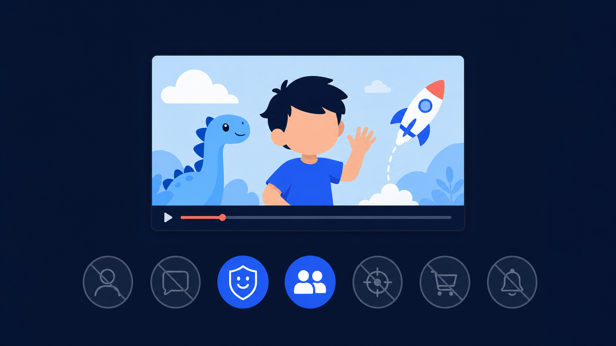 Video player showing kids content with most audience features greyed out and crossed through