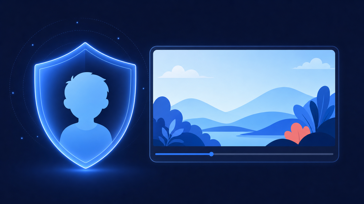 Illustration of a child silhouette inside a glowing shield beside a video player, representing YouTube made for kids privacy rules