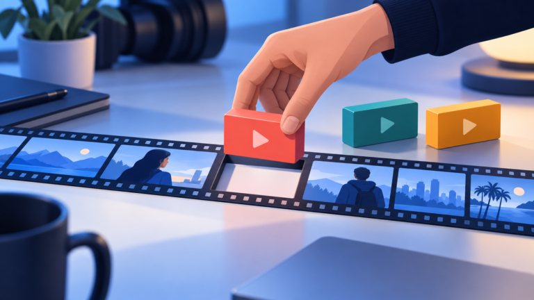 A hand slots a red block into an empty frame of a film strip while teal and amber blocks wait beside it