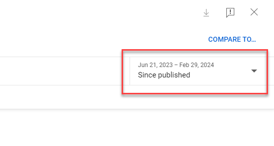 The date range selector in the top corner of a YouTube Studio report, set to Since published