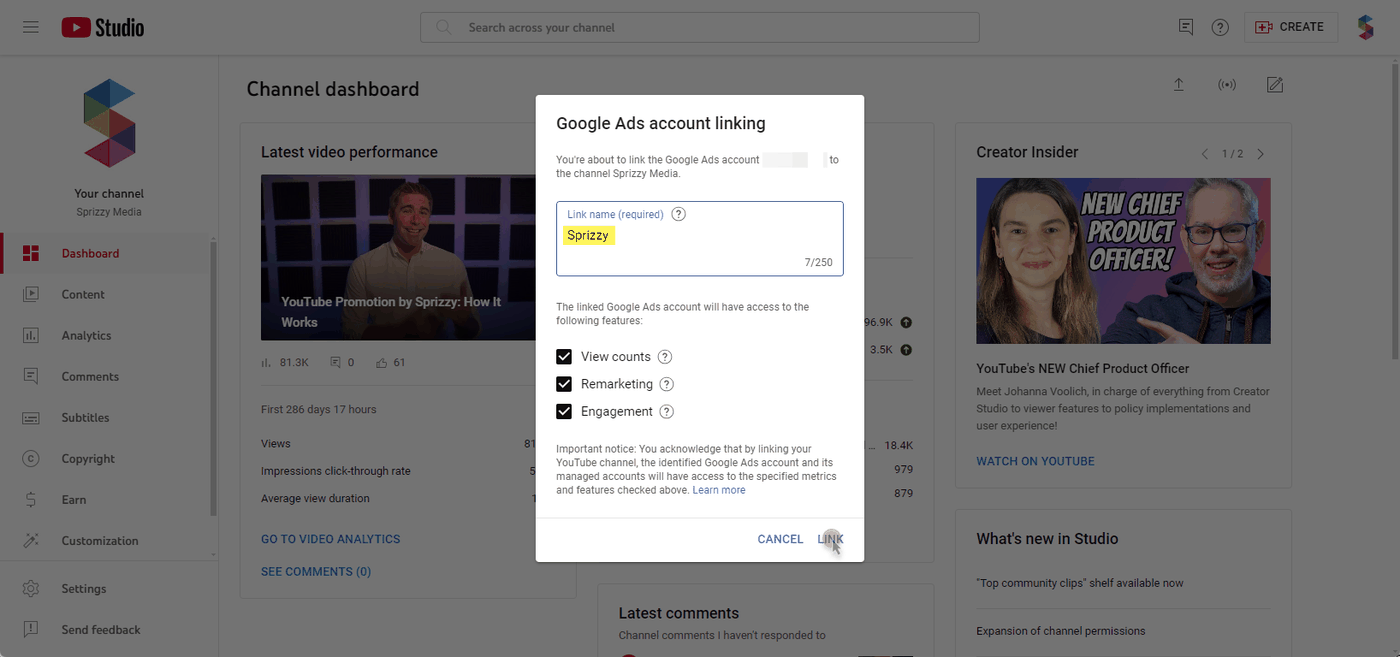 The YouTube Studio Google Ads account linking box with Sprizzy typed into the link name field and the View counts, Remarketing and Engagement permissions all ticked
