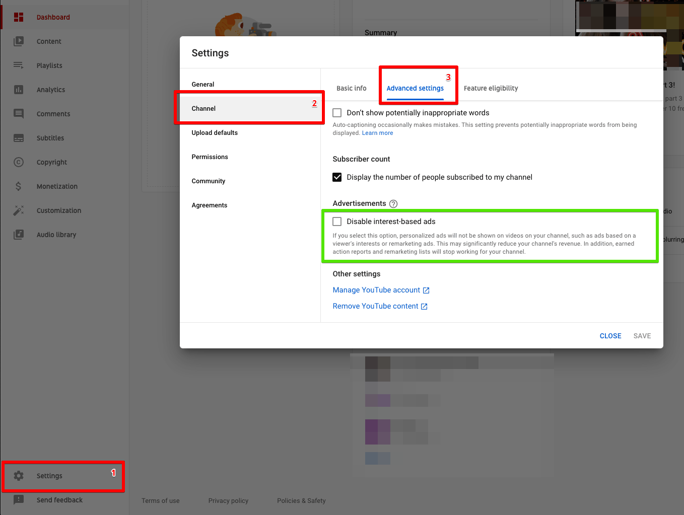 An earlier version of YouTube Studio's Advanced settings, with Settings, Channel and Advanced settings numbered one, two and three, and the Disable interest-based ads checkbox outlined and unticked