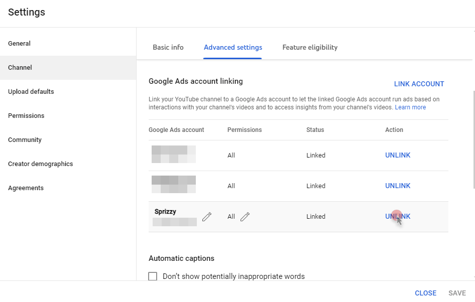 YouTube Studio's Advanced settings showing the Google Ads account linking table, with Sprizzy listed as Linked and an Unlink link beside it