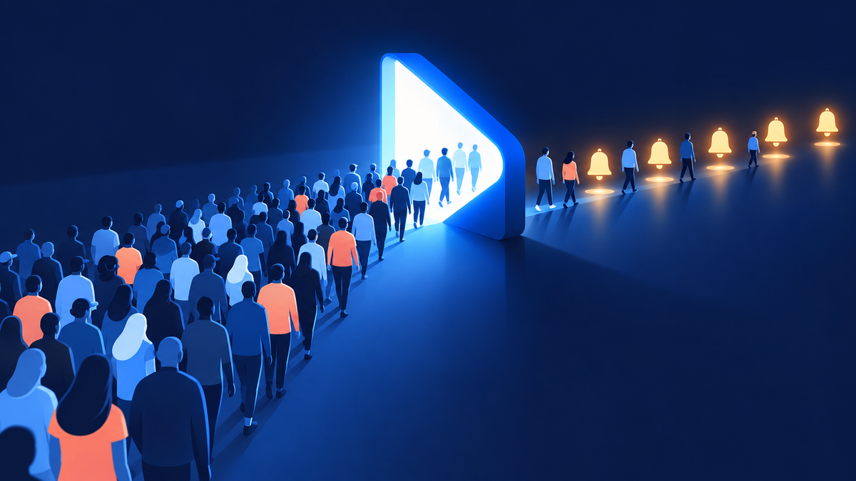 A crowd of viewers passing through a glowing play-button gate, with a short line of lit subscribe bells on the far side