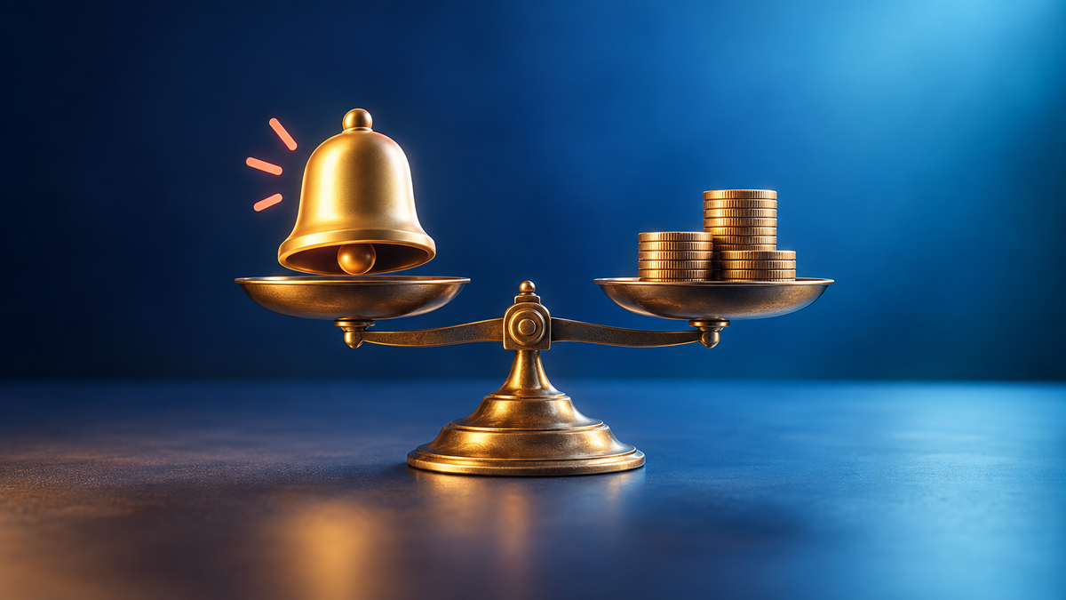 A brass subscribe bell on one pan of a balance scale, weighed against a stack of coins