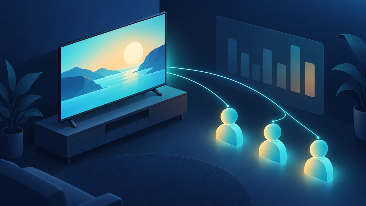 Isometric TV with three glowing lines fanning out to three person tokens beside an analytics panel
