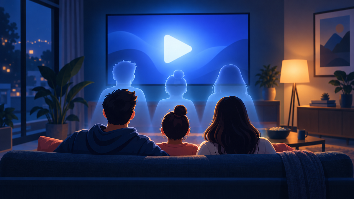 Three people on a sofa watching a glowing TV, with translucent counted silhouettes above them