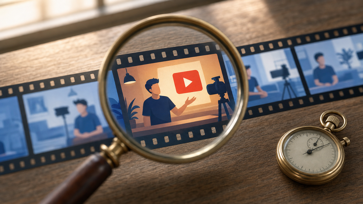 Magnifying glass focusing on one frame of a filmstrip showing a creator on camera, with a brass stopwatch beside it