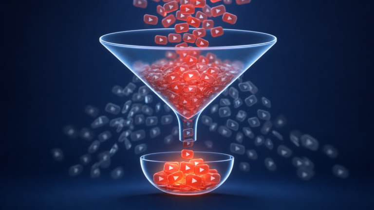 Glass funnel pouring red play-button tokens, most scattering as faint ghosts while a few settle glowing in a small bowl