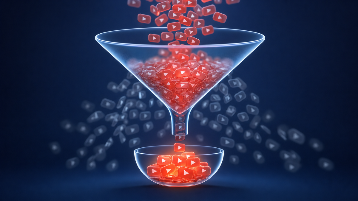 Glass funnel pouring red play-button tokens, most scattering as faint ghosts while a few settle glowing in a small bowl