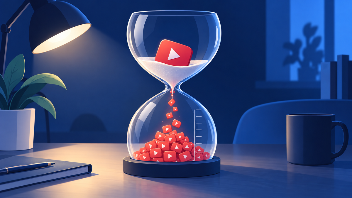 Hourglass with one red play button in the top bulb and a pile of small play buttons collecting in the bottom bulb beside a measuring scale