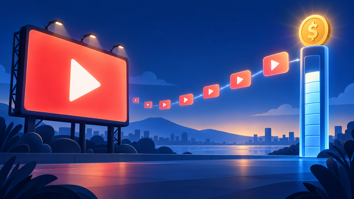 Illustrated billboard with a red play button, a chain of smaller play buttons leading to a tall progress gauge topped with a gold coin