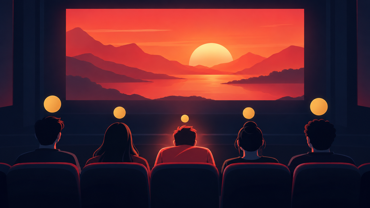 Five viewers in a cinema; the one leaning in most has the smallest coin above them, showing the most engaged viewer costs the least