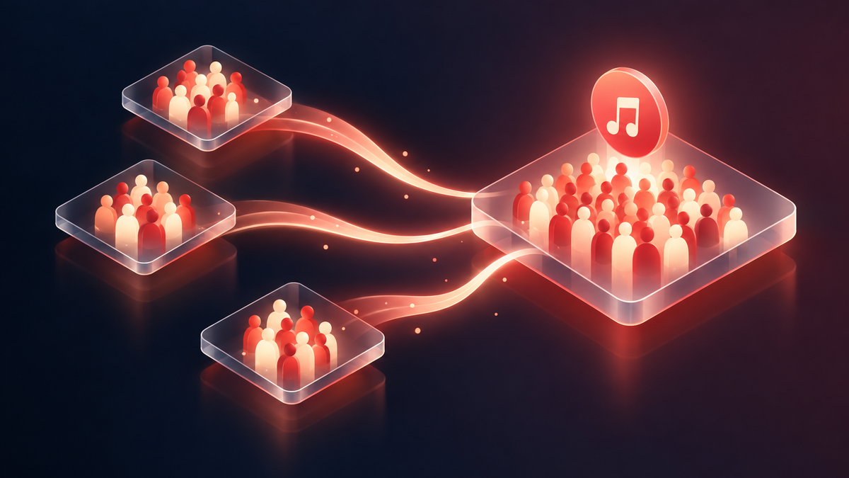 Three small groups of listeners flowing as streams of light into one larger channel tile marked with a music note
