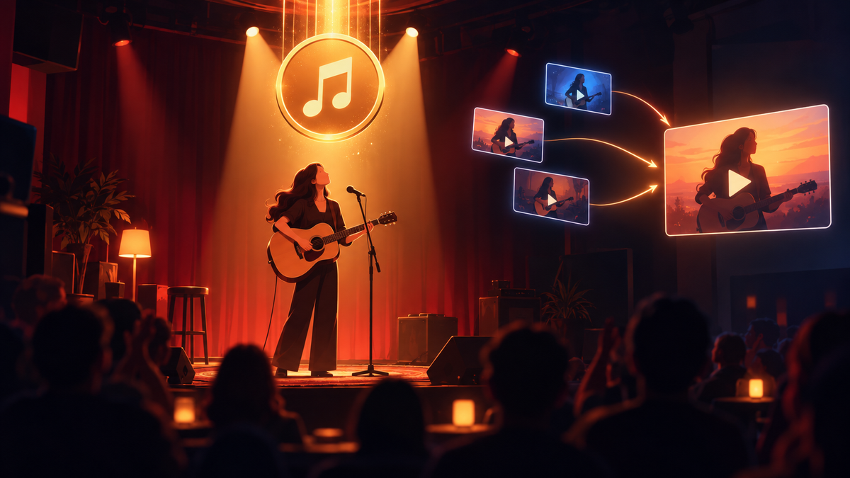 Independent singer with an acoustic guitar on a small stage as a glowing music note emblem descends and three video screens merge into one