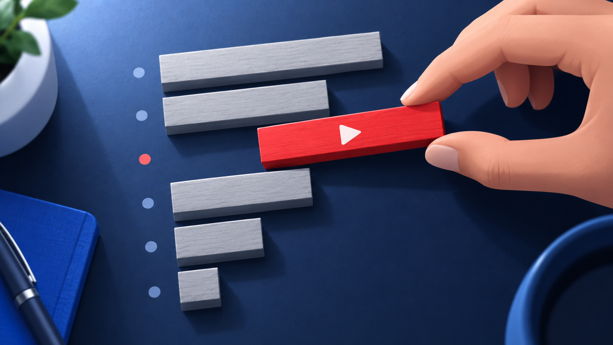Fingertips lifting the single red block out of a row of grey bars laid out like a traffic-source report: the YouTube advertising row