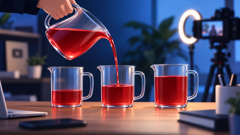 Three glass measuring jugs filled to different levels from one pitcher of red liquid, on a creator desk: one campaign read on three counters