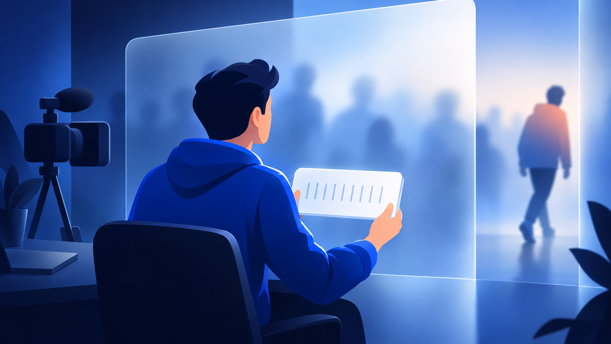 A creator holding a blank tally card in front of a frosted glass panel, blurred viewers behind it and one walking away