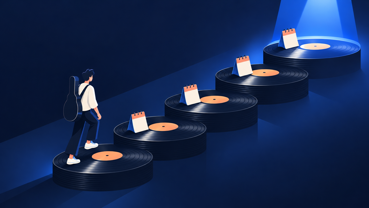 A musician with a guitar case climbing a staircase of vinyl records, each step holding a calendar page, toward a blue spotlight