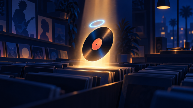A single vinyl record rising out of a shelf of records on a beam of light, with a glowing blue ring above it