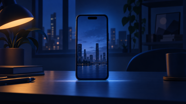 A vertical phone on a dark desk at night, its screen frozen on the first frame of a Short, with a flat line of light beneath it