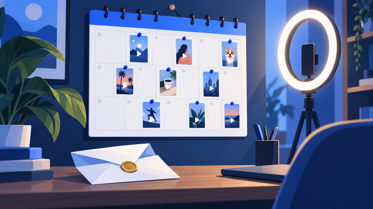 A monthly wall calendar with small vertical video cards pinned to about half its days in a steady rhythm, an open envelope with a gold seal on the desk below, and a ring light in the background