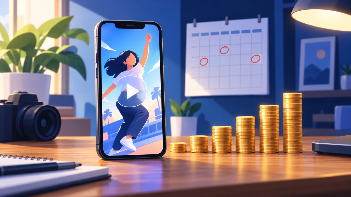 A smartphone showing a vertical video beside rising stacks of gold coins and a wall calendar with circled days