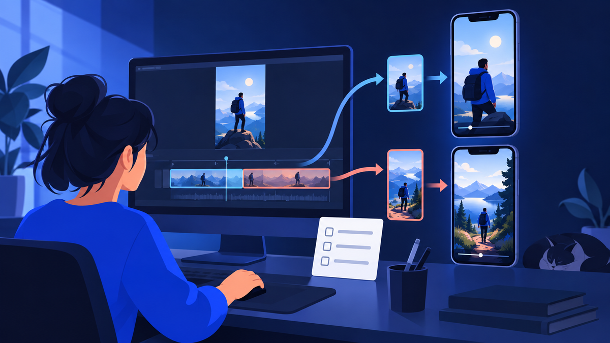 A creator at an editing desk exporting one vertical master video as two cuts of different lengths, each flowing to its own phone screen