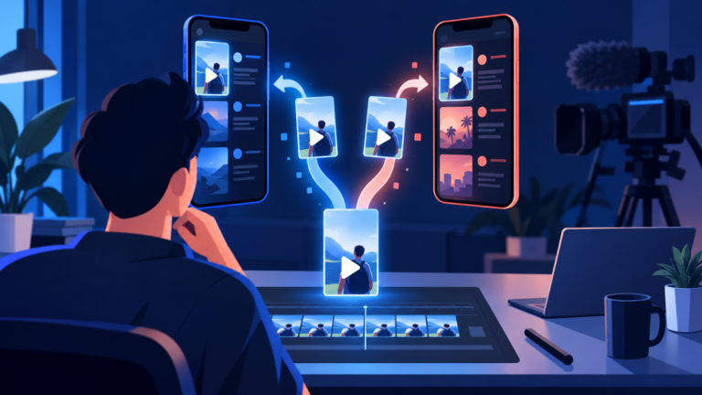 One vertical video on an editing desk splitting into two copies that flow into two phones, each showing a different vertical feed