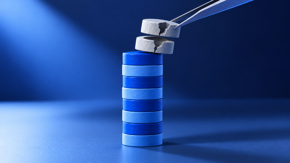 Illustration: tweezers lifting two cracked grey tokens off a solid stack of blue tokens, representing spam accounts removed from a subscriber count