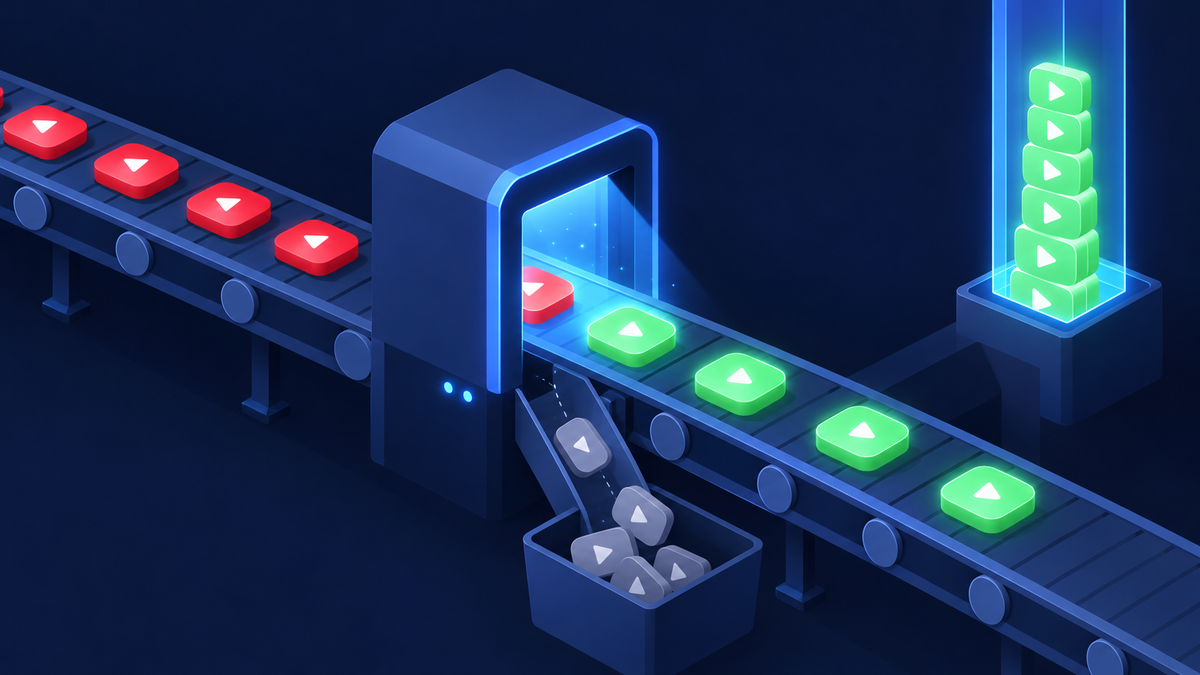 Conveyor belt of play-button tokens passing through a scanner: verified tokens glow green and stack up, duplicates drop into a side bin