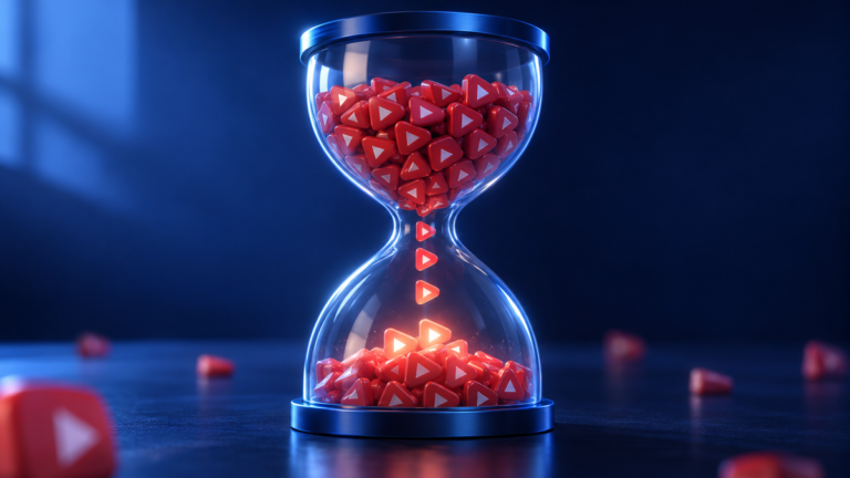 Hourglass filled with red play-button triangles, frozen mid-fall, representing a YouTube view count paused for verification