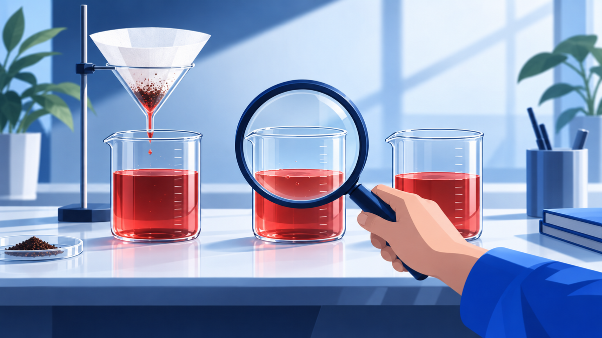 Three glass beakers holding the same red liquid at different levels, one being filtered through paper, one examined under a magnifying glass