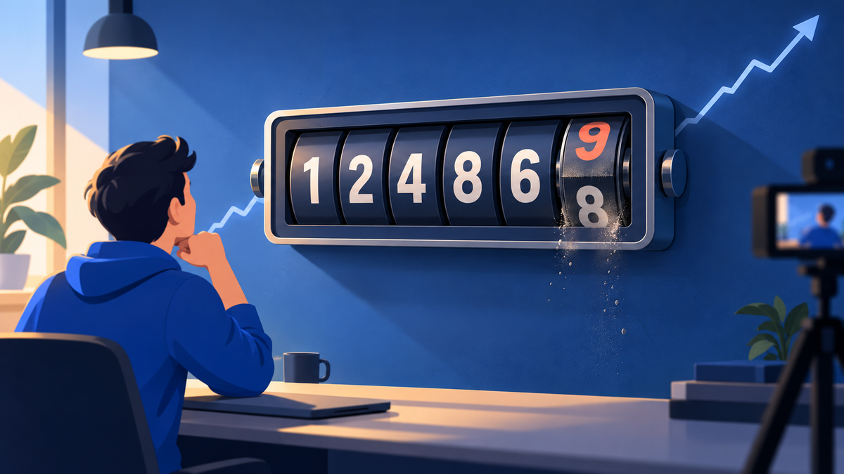 A creator watching a wall-mounted mechanical view counter whose last digit is settling between two numbers
